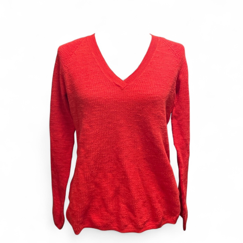 Eileen Fisher Red Orange Organic Linen Blend Vneck Lightweight Knit Sweater XS